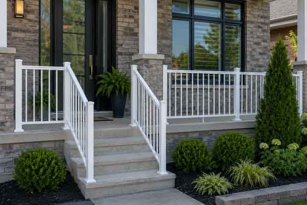White aluminum porch railings installed on brick home in Brights Grove, Sarnia, ON.