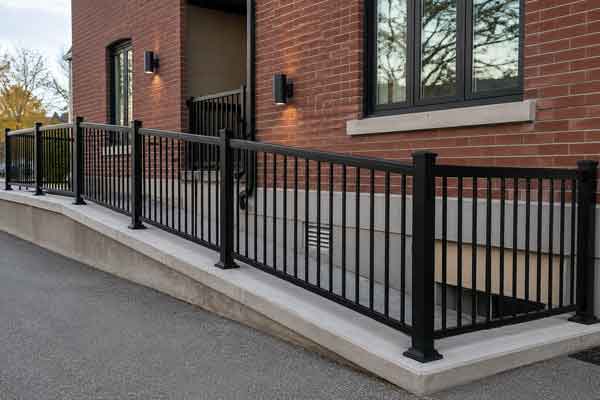 Black aluminum railing installation installed around commercial building in Sarnia, Ontario
