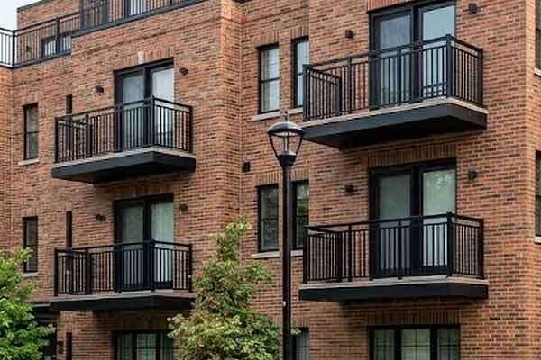 Black custom aluminum railings installed on condominiums in Windsor, Ontario