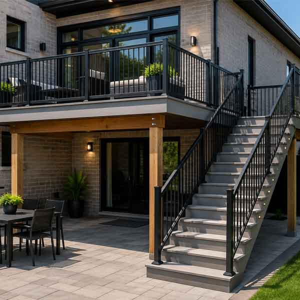 Black aluminum rails for deck and stairs on Chatham, Ontario home.