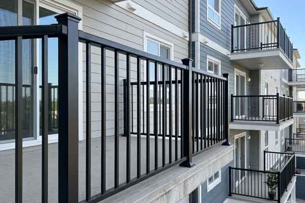Black custom aluminum railings installed on condominiums in downtown London, ON