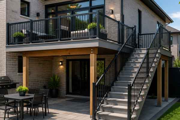 Black custom aluminum railings installed on Sarnia home. Staircase and deck railing system.