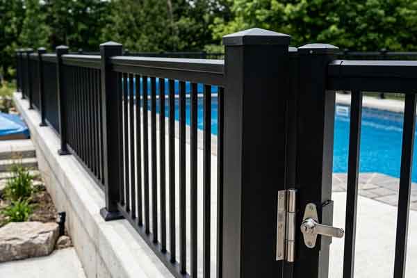 Light rust resistant aluminum fence installed around swimming pool in Westmount, London, ON.
